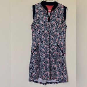 Bermuda Sands Tennis Dress M Navy Pink Print Zip Front Athletic Golf Dress